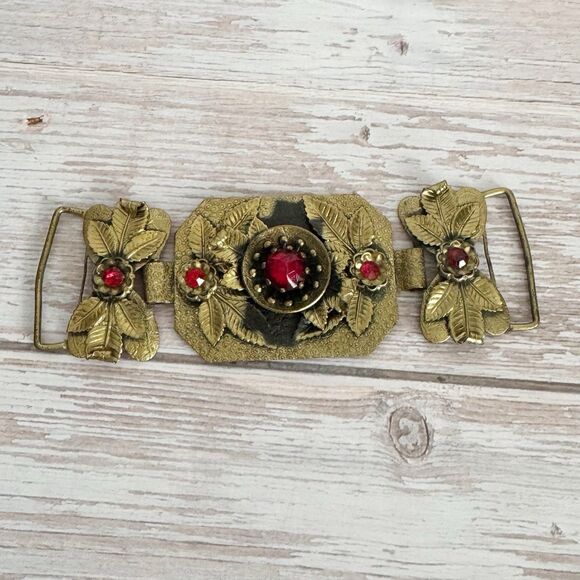 Art Nouveau Vintage Antique Bohemian Czech Garnet Red Glass Brass Sash Buckle - Picture 8 of 8